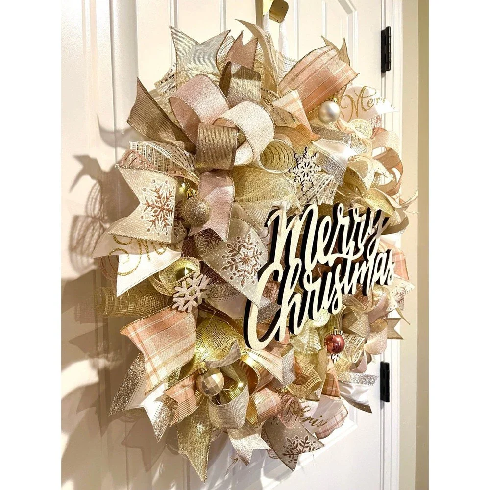Christmas Snowflake Holiday Ribbon Door Wreath Handmade 22 ins LED W12 Gold Pink